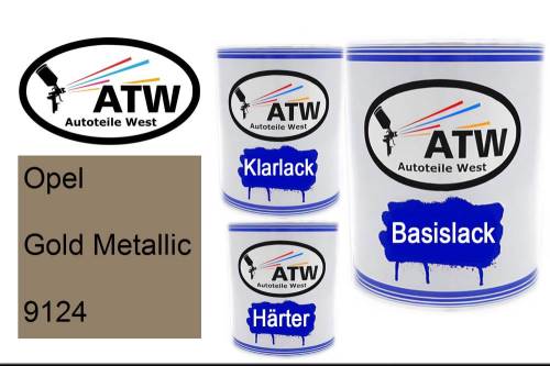 Opel, Gold Metallic, 9124: 1L Lackdose + 1L Klarlack + 500ml Härter - Set, von ATW Autoteile West.